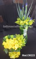 yellow roses and alstroemeria with blue iris wedding centerpiece
