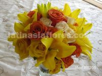 yellow lilies with orange roses and ivory roses bouquet