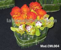 orange roses and yellow cymbidium orchids wedding centerpiece