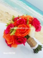 white lisianthus with orange and fiucsa roses bridal bouquet