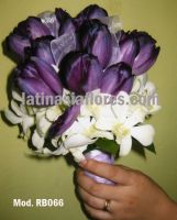 purple tulips and white dendrobium orchids wedding bouquet