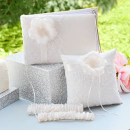 Brand New Flower Girl Basket, Lace Garter, and Matching Vintage Lace Ring Pillow and Guest Book! 