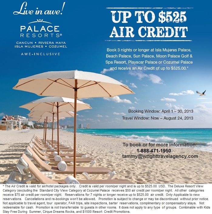 Palace Resorts Air Credit Promotion (up to $525.00)