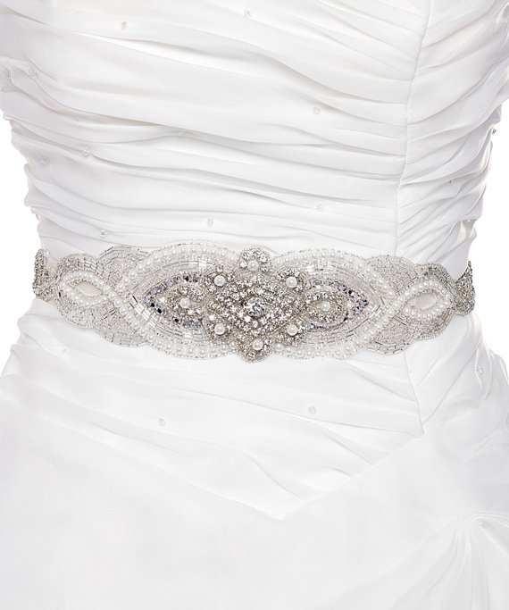 Wedding Crystal & Pearl Sash with light ivory organza ribbon