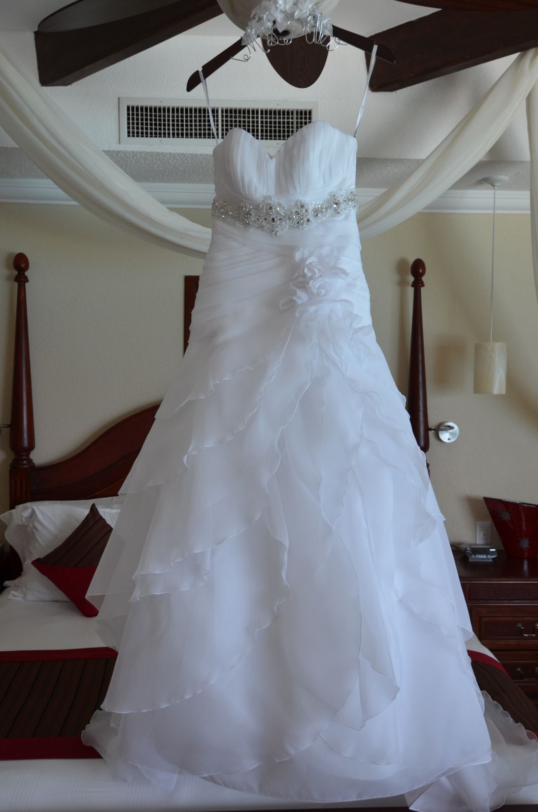 Demetrios gown, reception dress, shoes, and headband. 