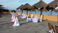 Cocktail hour setup on beach terrace