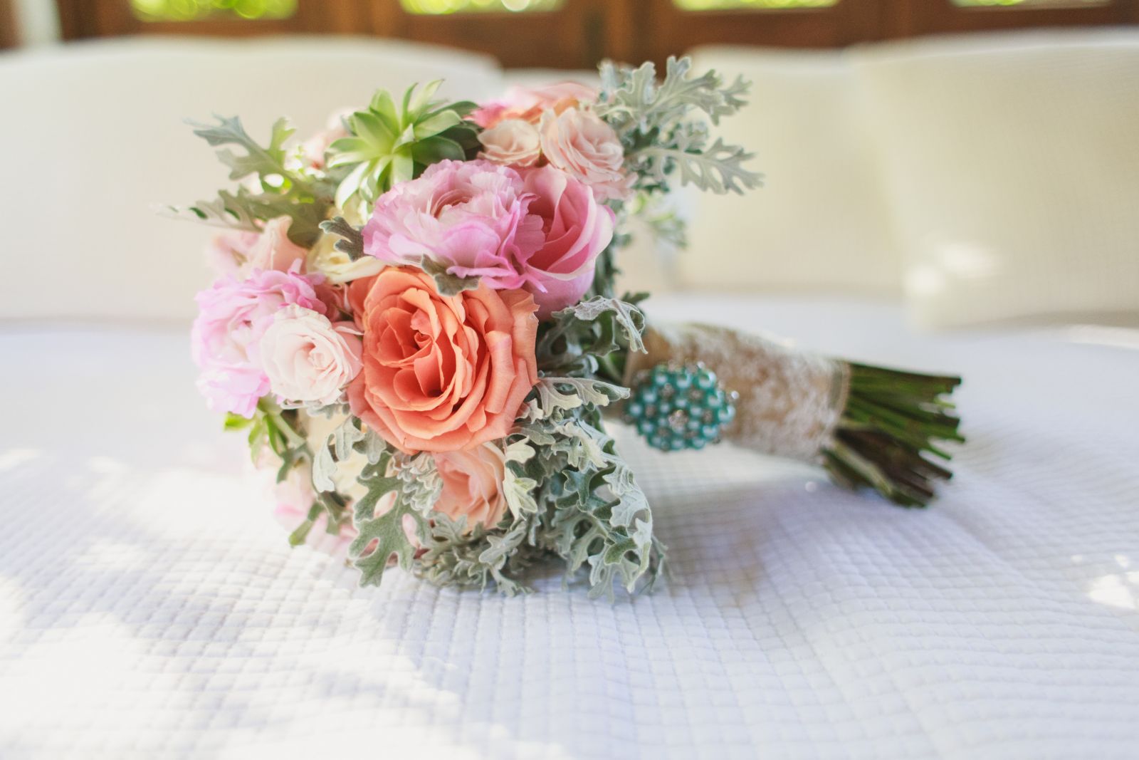 bridal bouquet with pink roses and greenery