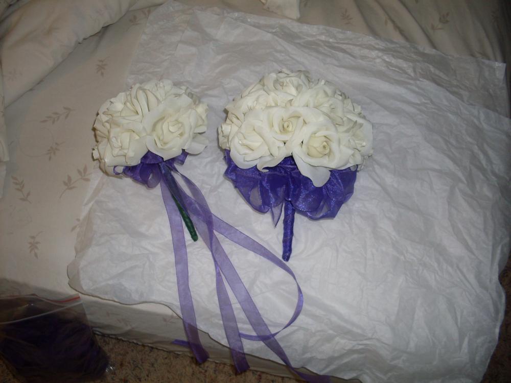 bridesmaid silk bouquets - ivory roses with purple ribbon!