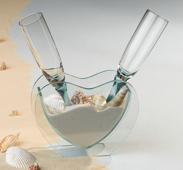 Heart Vase with Sand and Shell Toasting Glasses 