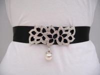 Black satin adorned with Genuine Rhinestone and pearl buckle embellishment.  Buy at www.BellaCescaBoutique.Etsy.com