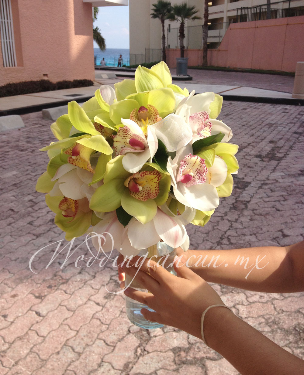 green and white cymbidium orchids bridal bouquet