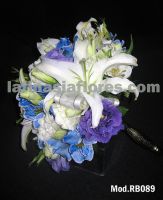 casablanca lilies, white and blue alstroemeria with purple lisianthus  bridal bouquet