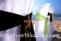 Ceremony/Reception: To carry with the starfish theme I want to attach one to each sash. Cover and sash will be white so this will add some color