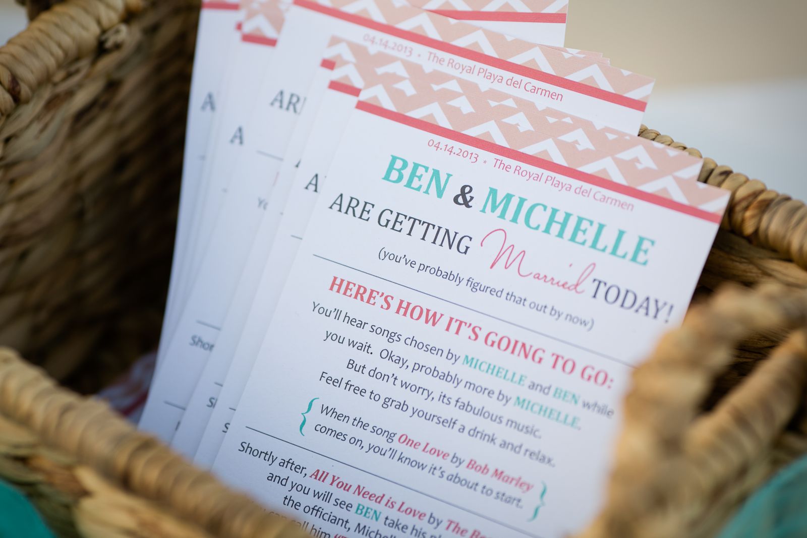 wedding programs...I used a template I found on this site, and then customized. I printed from Vistaprint and got a great deal. I brought the basket and ribbon with me, we had a few to hold things that the wind would have blown away.