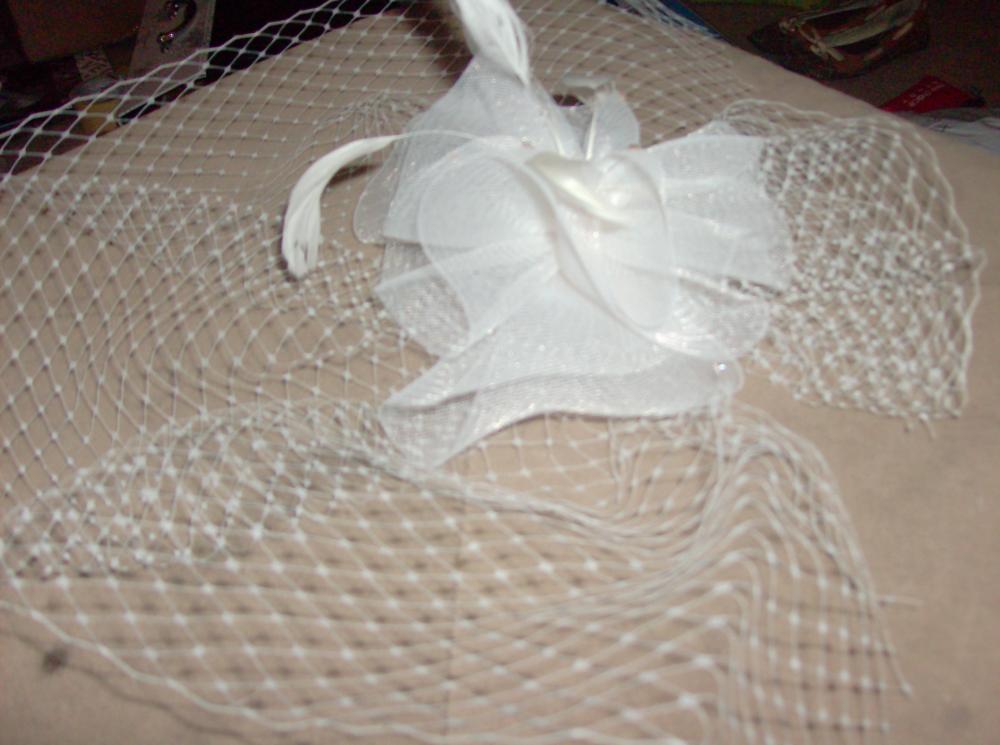 Ivory Soft white brid cage veil $190 with feathers and fascinator