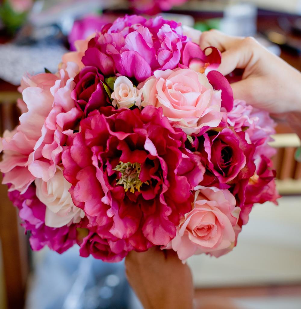 Silk bouquets for sale - 1 bridal + 3 bridesmaids - fuschsia + pink peonies, orchids, roses