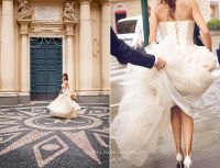 The bride and groom pose for portraits in front of the main cathedral in Santa Margherita, Italy.