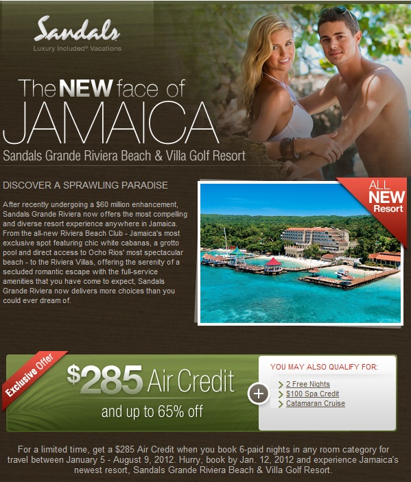 Sandals Grande Riviera: $285 Air Credit & up to 65% off