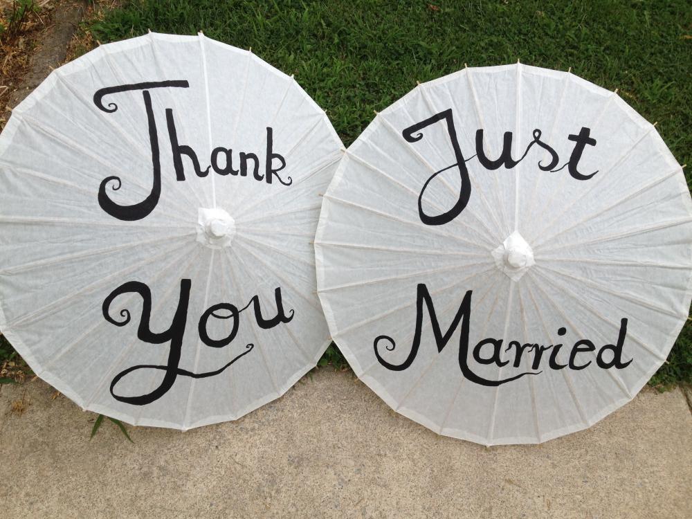 Purple, White, Pink Just Married and Thank you Parasols