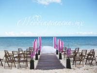 modern beach ceremony with fiucsa and chocolate color aisle decor