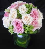 romantic bouquet. combination of green hydrangeas, pink and ivory roses