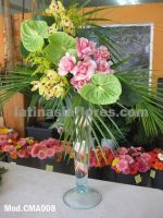 pink roses and green anthurium with yellow cymbidium orchid wedding centerpiece