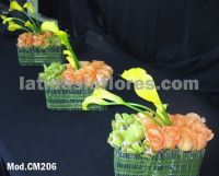 orange roses with yellow calla lilies and green cymbidium orchids wedding centerpiece