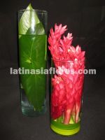 tropical centerpiece. Red ginger and foliage