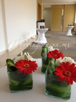 red gerbera daisies and white alstroemeria centerpiece