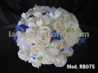 ivory roses and white dendrobium orchidwith a touch of blue freesia bridal bouquet