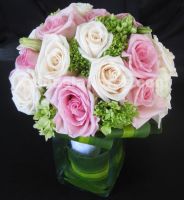 pink roses & ivory roses with a touch of green hydrangeas bouquet