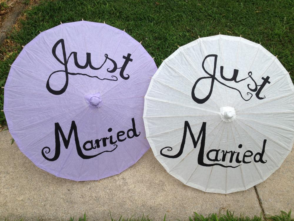 Purple, Blue, Pink or White "Just Married" or "Thank you" Paper Parasols